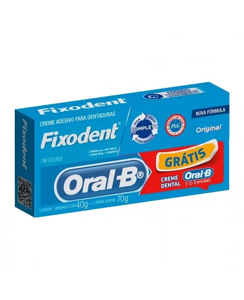 PACK PROMOCIONAL FIXODENT ORIGINAL 40G + CREME DENTAL ORAL B 70G GRÁTIS