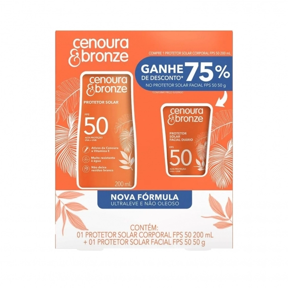 KIT PROMOCIONAL PROTETOR SOLAR CORPORAL FPS50 200ML + PROTETOR FACIAL FPS50 50G CENOURA E BRONZE COTY
