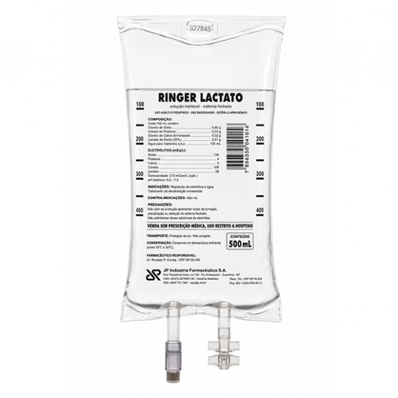 SOLUÇÃO DE RINGER LACTATO BOLSA PVC ESTÉRIL SISTEMA FECHADO 500ML JP FARMA